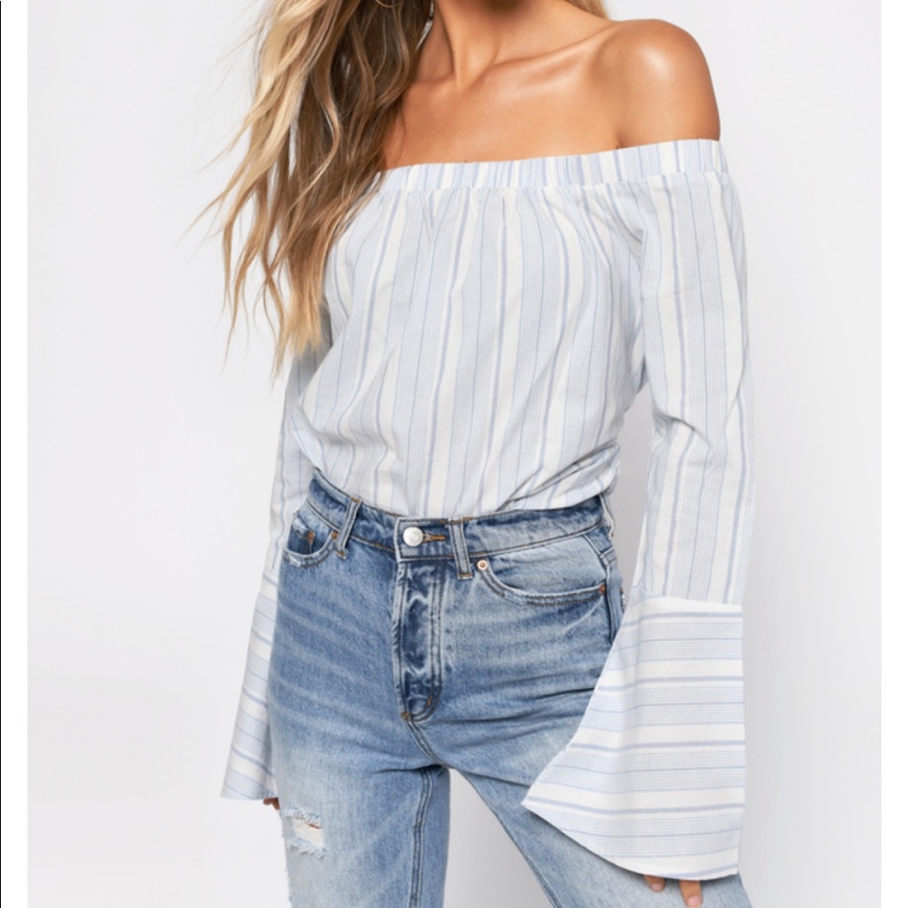 TOBI Open Shoulder Blue Striped Top